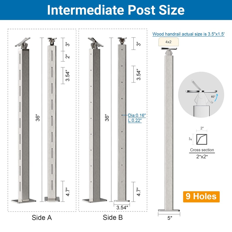 Deck Man 2 Pack Cable Railing Post Stainless Steel Adjustable