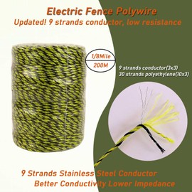 Electric Fence Polywire 1/8Mile (660Ft/200M), 9 Strands Stainless Steel Conductors, More Reliable Conductivity, Rust and UV Resistant, 3mm(1/8inch) Portable Electric Fencing Wire