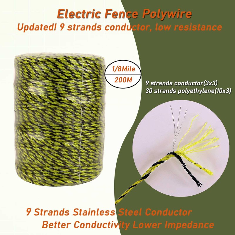Electric Fence Polywire 1/8Mile (660Ft/200M), 9 Strands Stainless Steel Conductors,