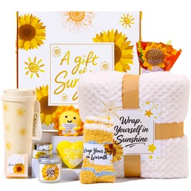 Sunflower Gift Box for Women, Sunshine Birthday Gifts, Luxury Self Care Package, 9-in-1 Gift Baskets with Blanket, Tumbler, Candle, Bath Bomb, Plush & More, Get Well Soon, Valentine Day Gifts