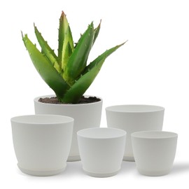 Campior Plastic Plant Pots with Drainage - Home Decor Flower Pot, Stackable Design for Indoor and Outdoor Use, Lightweight and Sturdy, Space-Saving, (7”, 6.6”, 6”, 5.3”, 4.8” Inches), Pack of 5, White