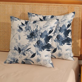JEFERSO Spring Pillow Covers 18x18 Inch Set of 2, Watercolor Blue Flower Throw Pillows Summer Spring Floral Decorations Pillowcase Farmhouse Decor Linen Outdoor Cushion Case for Home Party