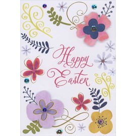 Designer Greetings Pink and Purple 3D Die Cut Flowers with Sequins Over Colorful Flowers and Vines on White Hand Decorated Easter Card