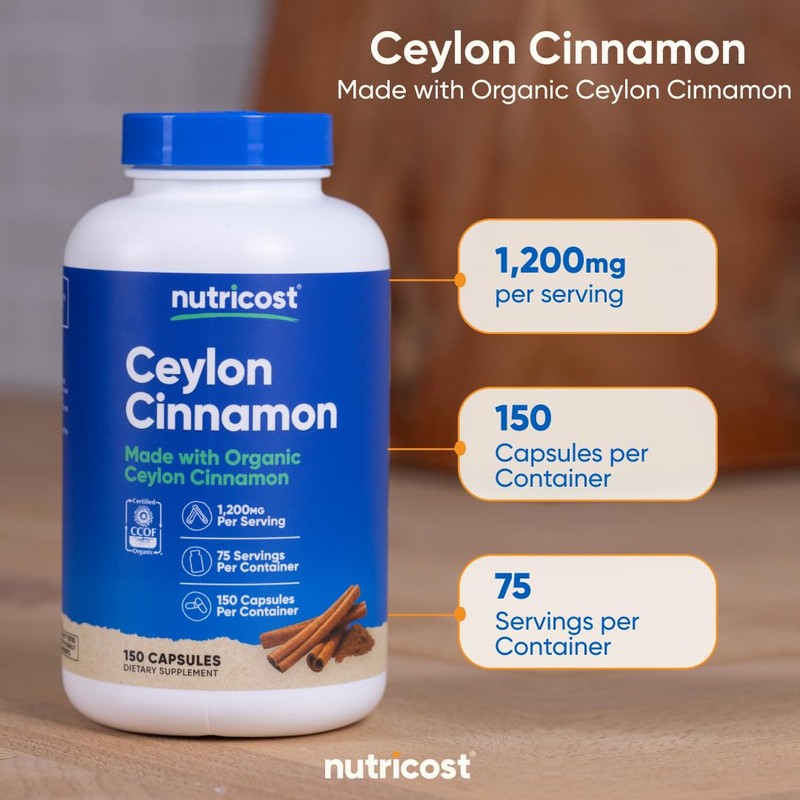 Nutricost Organic Cinnamon (Ceylon Cinnamon) 1,200mg Serving, 150 Capsules -
