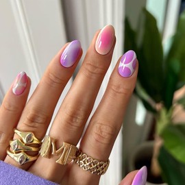 24Pcs Almond Press On Nails Short Fake Nails Press Ons With Purple Gradient Design False Nails Reusable Full Cover Stick On Nails Glossy Acrylic Glue On Nails For Women Nail Decorations