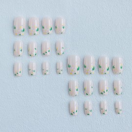 Nude Pink Press on Nails Short Square Fake Nails Cute Flowers Pattern Design Press on Artificial Full Cover Glossy Acrylic False Nails Stick on Nails Wearable Nails for Nail Decoration Kit 24Pcs