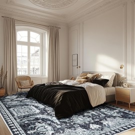 Black and White Washable Rugs 8x10 Large Vintage Tribal Area Rug Ultra-Soft Low Pile Non Slip Stain Resistant Printed Grey Rugs for Living Room Bedrooms Playroom Dining Room(Black and White,8x10ft)