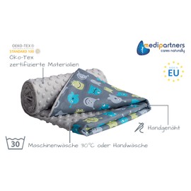 Medi Partners Baby Blanket, 100% Cotton, 75 x 100 cm, Double-Sided Multifunctional Plush Blanket for Pushchairs, Soft, Fluffy, Creatures with Grey Plush