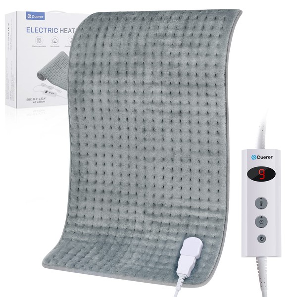 Duerer Electric Heating Pad for Back Pain 45 x 85cm Large Size Heating Pad Period Cramps Relief, 10 Temperature Set & 90mins Timer Set Auto Off, Body Relaxation Portable Pad Machine Washable, Gray
