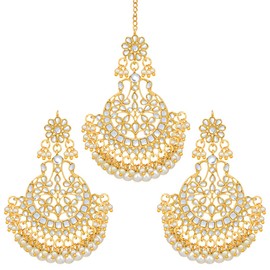 Aheli Indian Wedding Kundan Pearl Maang Tikka con pendiente Set Bollywood Party Joyería tradicional para mujeres niñas (blanco)