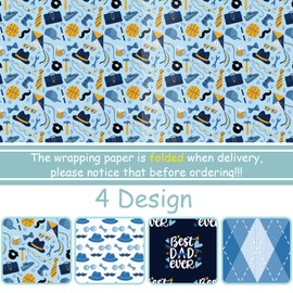 Adurself 28 x 40 Inch Father's Day Wrapping Paper Mustaches Tie Hat Happy Father's Day Assorted Colors & Design, Folded Best Dad Ever Flat Gift Wrap Paper - 6 Jumbo Sheets for Men Father Birthday