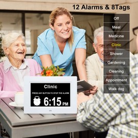 Johnziny 7 Inch Digital Clock with Day and Date for Elderly Large Display for Elderly Dementia Clock Customizable Alarms, 12 Alarms,4 Colors Display Digital Calendar Alarm Clock (White)