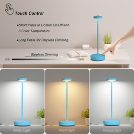 TBBGA 1 Pack Cordless Table Lamp Rechargeable - LED Battery Table Light with 3 Color Temperatures, Stepless Dimming, Waterproof Aluminum for Indoor Outdoor, Patio, Restaurant, Dinner (Blue)
