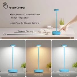 TBBGA 1 Pack Cordless Table Lamp Rechargeable - LED Battery Table Light with 3 Color Temperatures, Stepless Dimming, Waterproof Aluminum for Indoor Outdoor, Patio, Restaurant, Dinner (Blue)