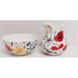 Wildflowers Meadow Cream/Milk Jug and Sugar Bowl Fine Bone China Bright Flowers Floral Matching Set Hand Decorated UK