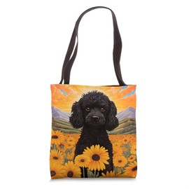 Cute Black Poodle Colorful Flower Mountain Sunset Puppy Dog Tote Bag
