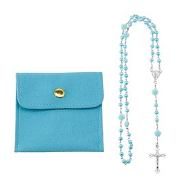 DICOSMETIC Blue Rosary Bead Necklace 26.38 Inch(67cm) Pearl Rosary Bead Necklaces Alloy Jesus Cross Necklace for Women Men with 1Pc PU Leather Jewelry Packaging Bags