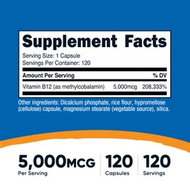 Nutricost Vitamin B12 (Methylcobalamin) 5000mcg, 120 Capsules - Vegetarian Caps, Non-GMO, Gluten Free B12 Supplement