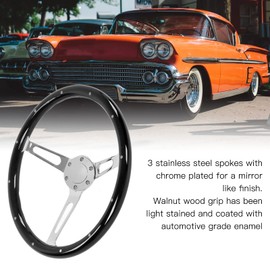 DAUERHAFT Retro Steering Wheel, 6 Hole 3 Spoke Riveted Wood Steering Wheel Universal 15in Diameter Walnut Grip for Nostalgia for Car Modification(Black)