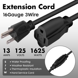 PALARINE 12ft Black Outdoor Extension Cord Waterproof, UL Listed, 16/3 SJTW Heavy Duty Extension Cord 3 Prong, 16 Gauge 13A Power Extension Cord Ideal for Indoor Outdoor Lights, Appliances, and Lawn
