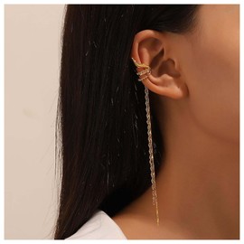Andelaisi Boho Clip Cuff Earrings Gold Long Tassel Dangle Earrings Vintage Cartilage Clip Tassel Drop Earrings Minimalist Earrings Jewelry for Women