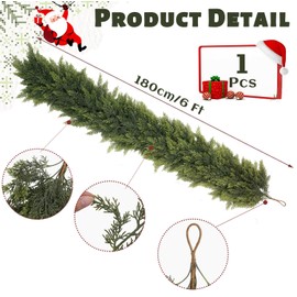 1 Pcs 6FT Christmas Garland, Real Touch Cedar Garland, Artificial Cypress Garlands for Door Table, Mantle, Wall, Indoor, Outdoor Christmas Decorations