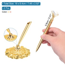 PATIKIL 2Pcs Hollow Round Pen Holder Signing Pen Set, Wedding Pen with Big Crystal Diamond and Pen Holder for Wedding Guests Book Engagement Opening Ceremony, Gold, Rose Gold