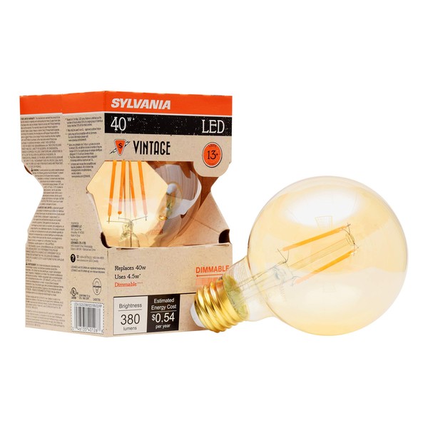 SYLVANIA LED Vintage G25 40W Equivalent, Efficient 4.5W, E26 Medium Base, Dimmable 2175K Amber Glow Light Bulb, 1 pack