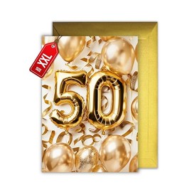 WBdesignz 50th Birthday Card with Envelope - Elegant Birthday Card for 50th Birthday, "Happy Birthday Gold Balloons, 50th Birthday Card (XXL DIN A4)