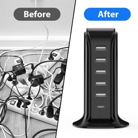 USB Charging Station for Multiple Devices, 5 USB Ports + 1 Type C Multiport Charger Tower, Compatible with Smartphones, Tablets and Other USB Devices (Black)