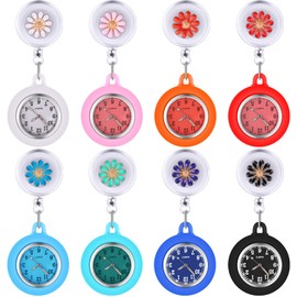 Outus 8 Pieces Retractable Nurse Watch Silicone Lapel Nurse Watch with Second Hand Clip on Watch Stethoscope Watch Nurse Fob Watch for Doctor Nurse Women and Men, 8 Colors (Floral Style)