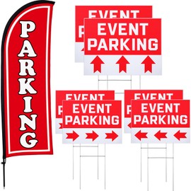 Hahafelt Parking Sign Set 1 Pack Feather Flag 6 Pack Double Sided Event Parking Arrows Signs with Metal Stakes for Yard Outside, Business Advertising, Directional Signage(Red)
