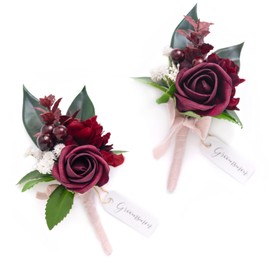 Ling's Moment Boutonniere for Men, 2pcs Groom Groomsmen Guest Boutonniere, Artificial Flowers for Wedding/Prom/Homecoming, etc.Burgundy Marsala
