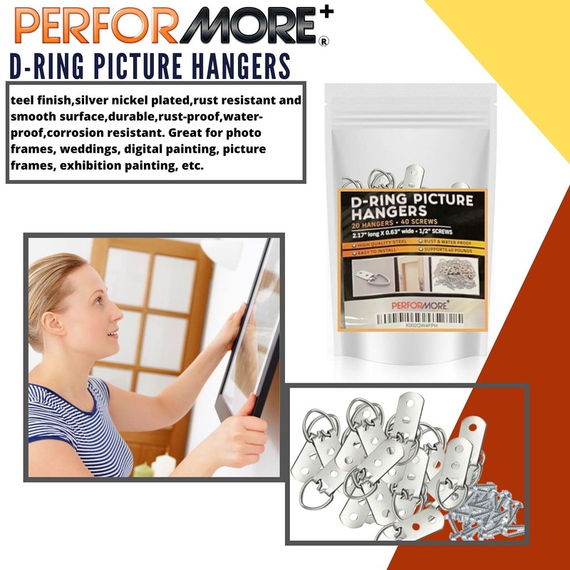 PERFORMORE 20 Pack of D-Ring Picture Hangers with 40 Screws,