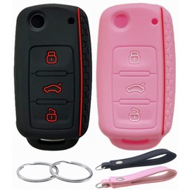 REPROTECTING Silicone Rubber Key Fob Cover Compatible with 2006-2015 Volkswagen Beetle CC Eos GTI Golf Jetta Passat Rabbit Tiguan Touareg NBG735868T NBG0100180T (Black Pink)