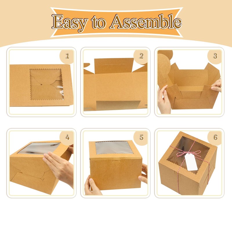DOYIDE 20Pcs Mini Cake Boxes with Window, 6x6x5 Inches Brown