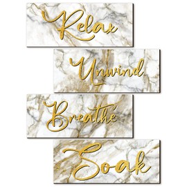 4 Pieces Bathroom Wall Decor Relax Soak Unwind Breathe Wall Art Wooden Bathroom Hanging Signs Rustic Vintage Farmhouse Gold Bathroom Wall Decor for Home Laundry Spa Room (Modern Style, 10 x 4 Inch)