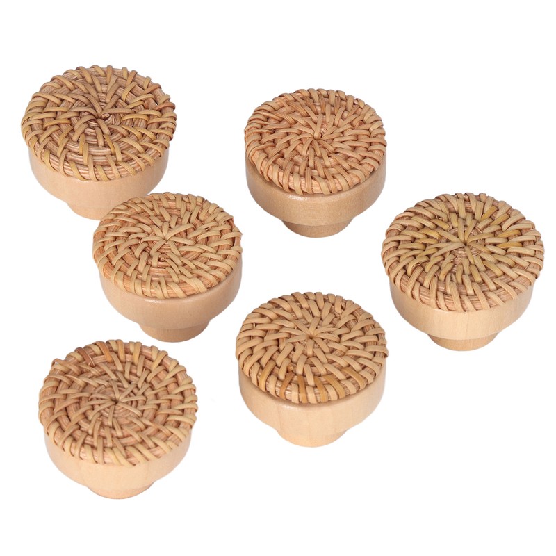6pcs Round Drawer Knobs Wood Rattan Woven Handmade Drawer Pulls
