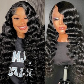 DULOVE 13x4 Deep Wave Lace Front Wigs Human Hair 200 Density Glueless Wigs Pre Plucked with Baby Hair HD Transparent Deep Curly Lace Frontal Wigs for Women 24 Inch