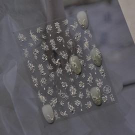 5D Embossed Flower Nail Stickers for Nail Art, 1Pcs Relief White Flowers with Rhinestones Design Nail Decal Spring Summer Floral Manicure Sliders Cute Self Adhesive Nail Art Decorations Supplies