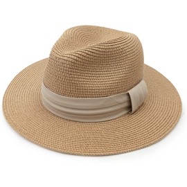DRESHOW Women's Panama Hat Fedora Beach Sun Hat Wide Edge Straw Roll Up Hat UPF 50+, 1 x khaki ribbon
