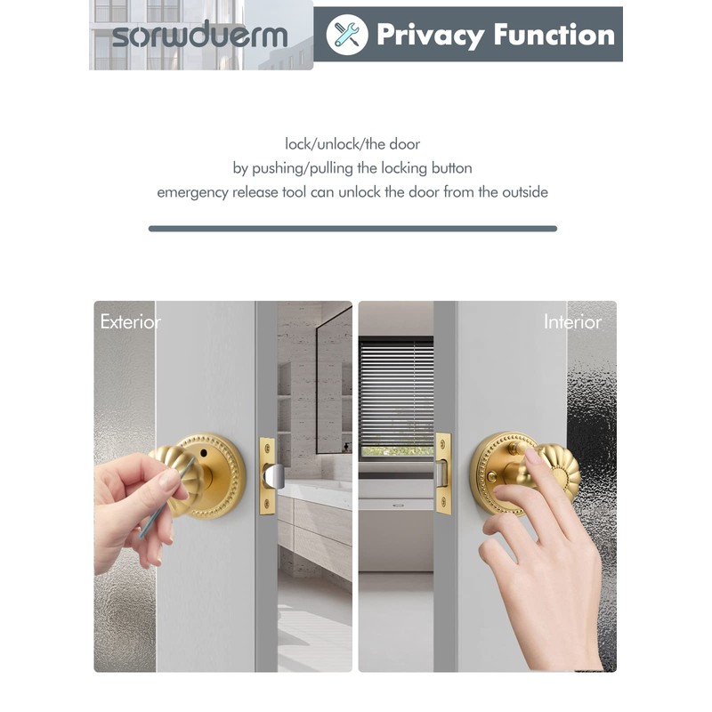 SORWDUERM Gold Door Knobs Privacy Door Knob Satin Brass Door