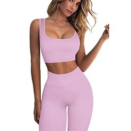 QINSEN Ribbed Workout Outfits for Women 2 Piece Seamless Sport Bra High Waist Yoga Leggings Sets Dust Pink S