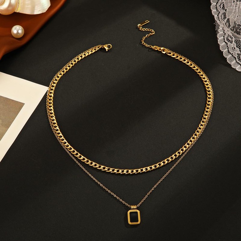 XYWstore Women's Alloy Double-Layer Square Pendant Cuban Chain Necklace, Gold