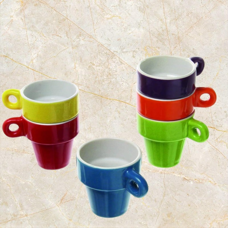 Quailitas Stackable Set of 6 Colourful Ceramic Espresso Mugs