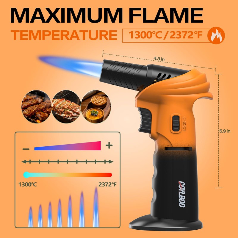 Butane Torch Lighter, 0-90°Rotating Angle Butane Lighter, Refillable Kitchen Torch
