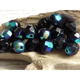 Czech 20 - 8mm CZECH OPAQUE JET AB BLACK ROUND FACETED FIRE POLISHED GLASS BEADS