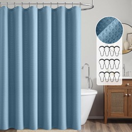 MIULEE Extra Long Waffle Weave Shower Bath Curtain 84 Inch Long with 12 Metal Hooks Modern Washable 260GSM Heavy Fabric Waterproof Thick Cloth Shower Curtains Set for Bathroom,Moonlight Blue