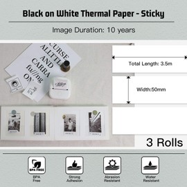 Memoking T02/M02X/M02L White Thermal Paper-10-Year Sticky 50mmx3.5m for Journal Photo Texts Study Notes and More, 3 Rolls