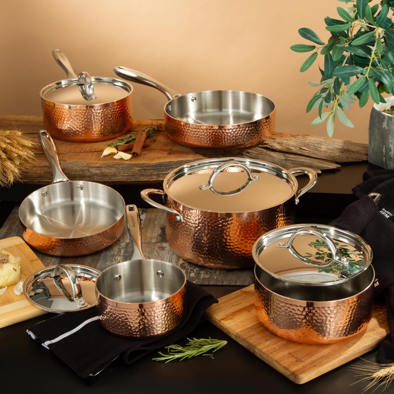 Berghoff Vintage Tri-Ply Copper 8in Deep Skillet, Hammered, Long Ergonomic